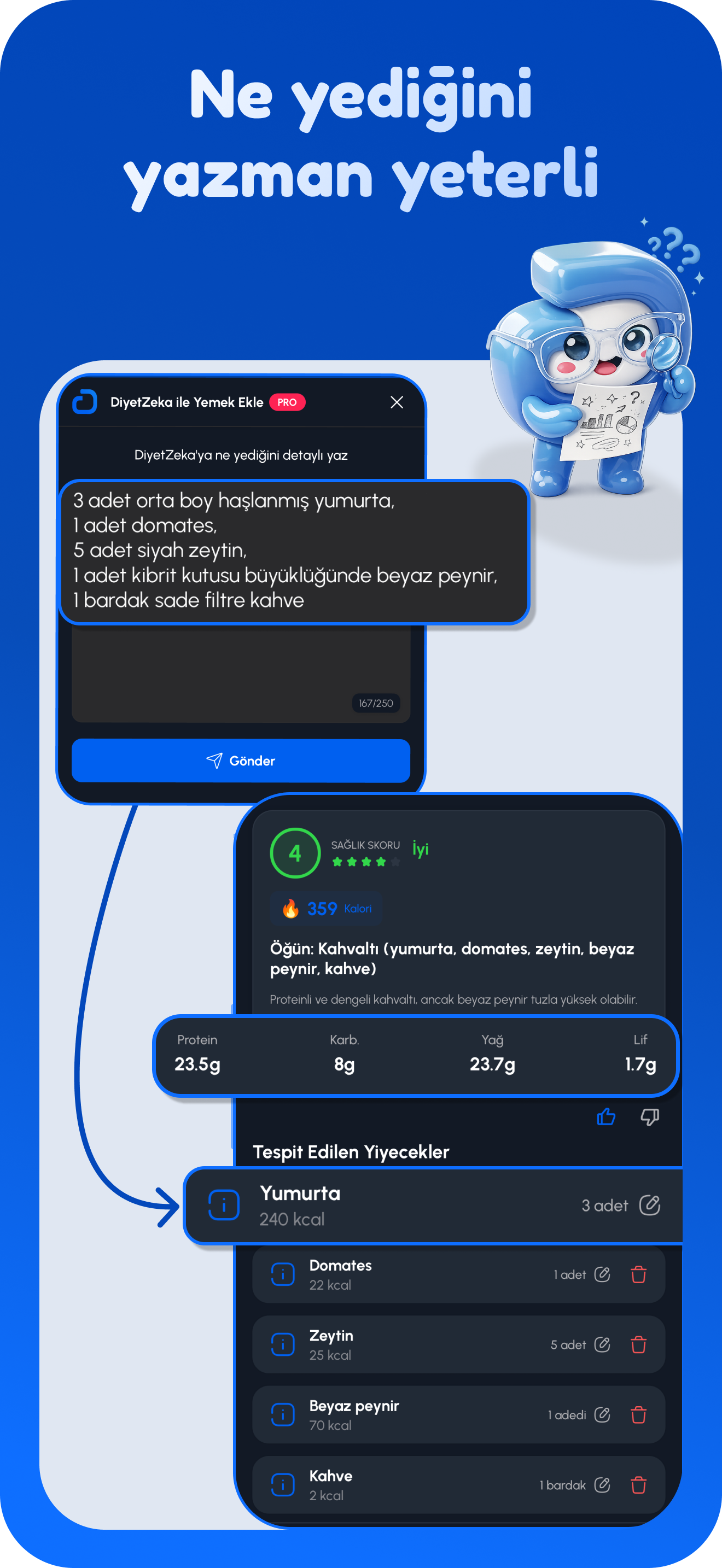 DiyetZeka öğün yazarak kalori hesaplama ekranı