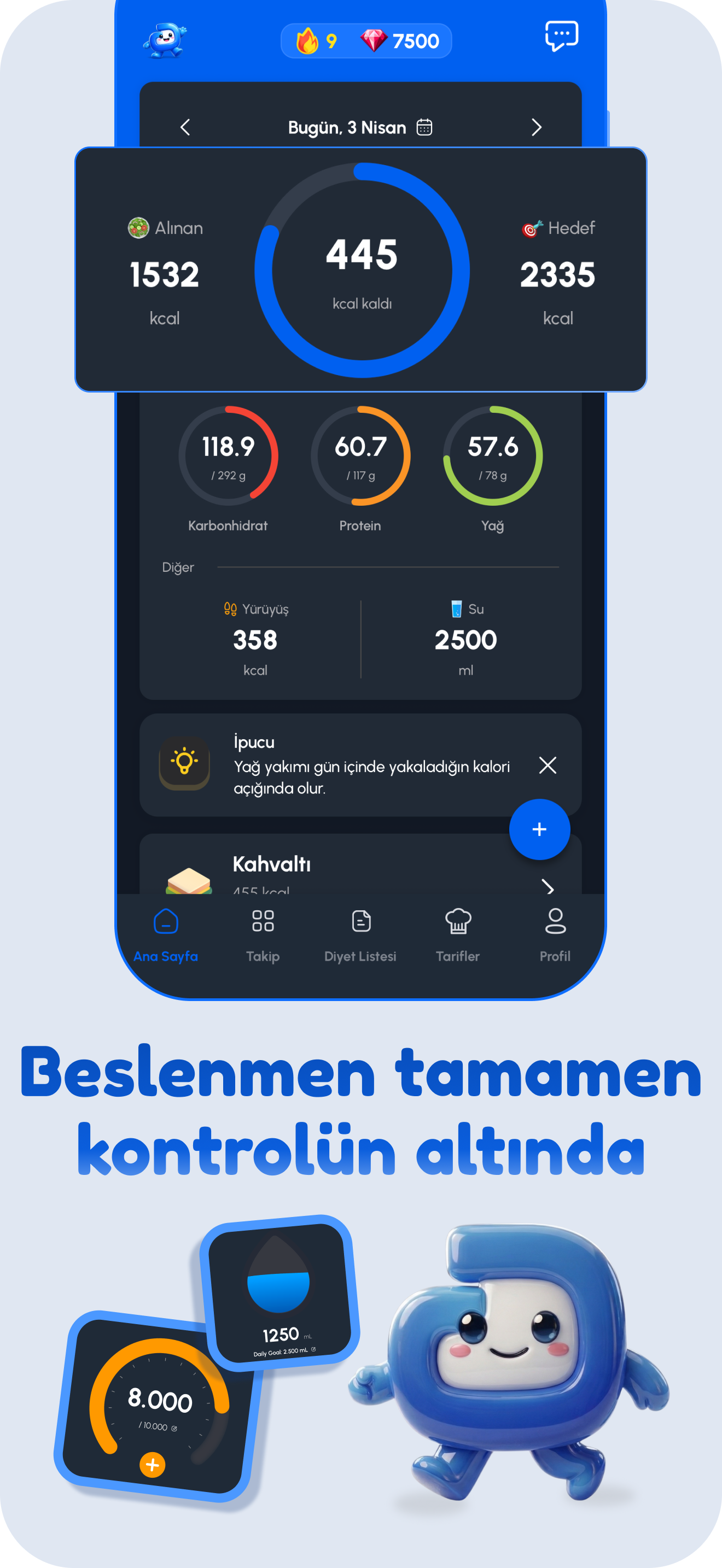 DiyetZeka kalori ve makro takip ekranı