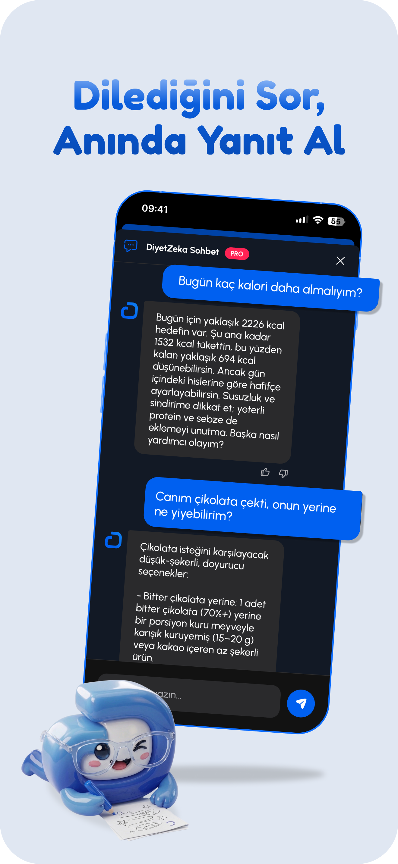 DiyetZeka AI sohbet ve beslenme yanıtları ekranı